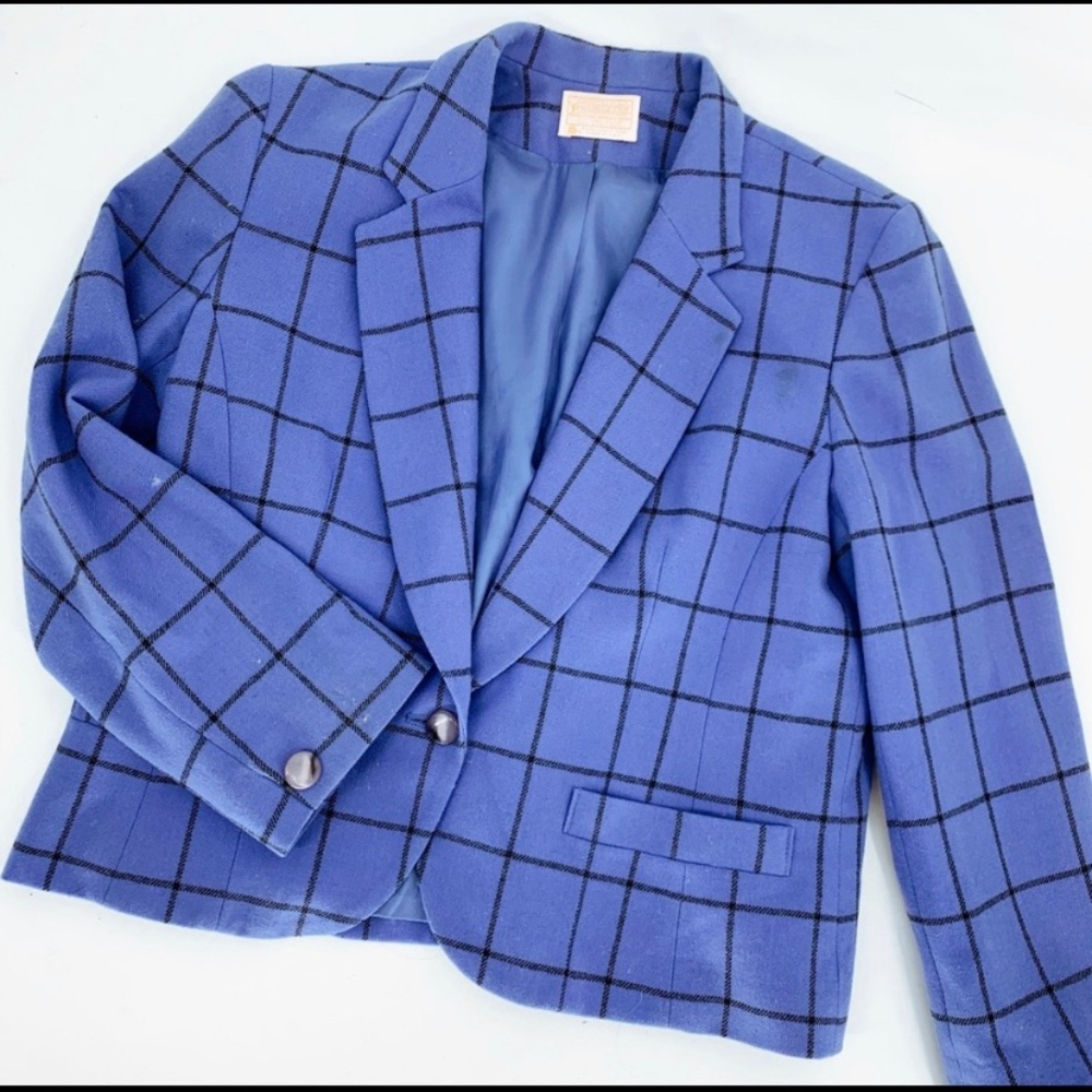 PENDLETON Wool Vintage Jacket Purple Blue Gingham Plaid Windowpane Black Suit